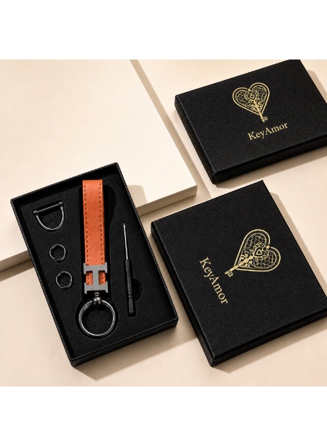 KeyAmor Elegant metal and leather keychain car keyholder for men . H letter  keychain , Stylish car keychain with 3 key rings, perfect as a fancy gift or car accessories. Features an elegant and refined orange colour and comes in a fancy gift box. - Image 2