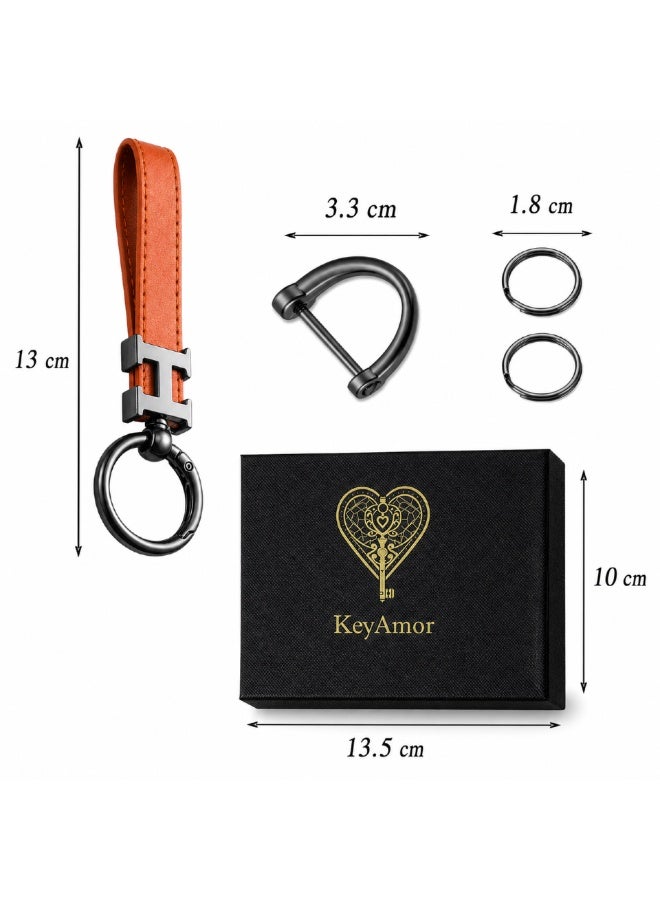 KeyAmor Elegant metal and leather keychain car keyholder for men . H letter  keychain , Stylish car keychain with 3 key rings, perfect as a fancy gift or car accessories. Features an elegant and refined orange colour and comes in a fancy gift box. - Image 4