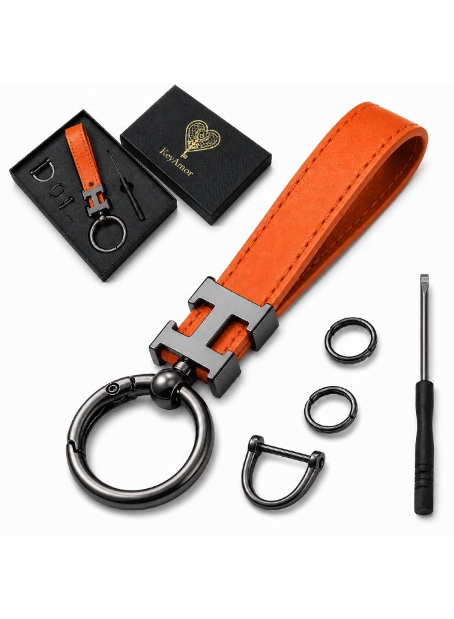 KeyAmor Elegant metal and leather keychain car keyholder for men . H letter  keychain , Stylish car keychain with 3 key rings, perfect as a fancy gift or car accessories. Features an elegant and refined orange colour and comes in a fancy gift box. - Image 1
