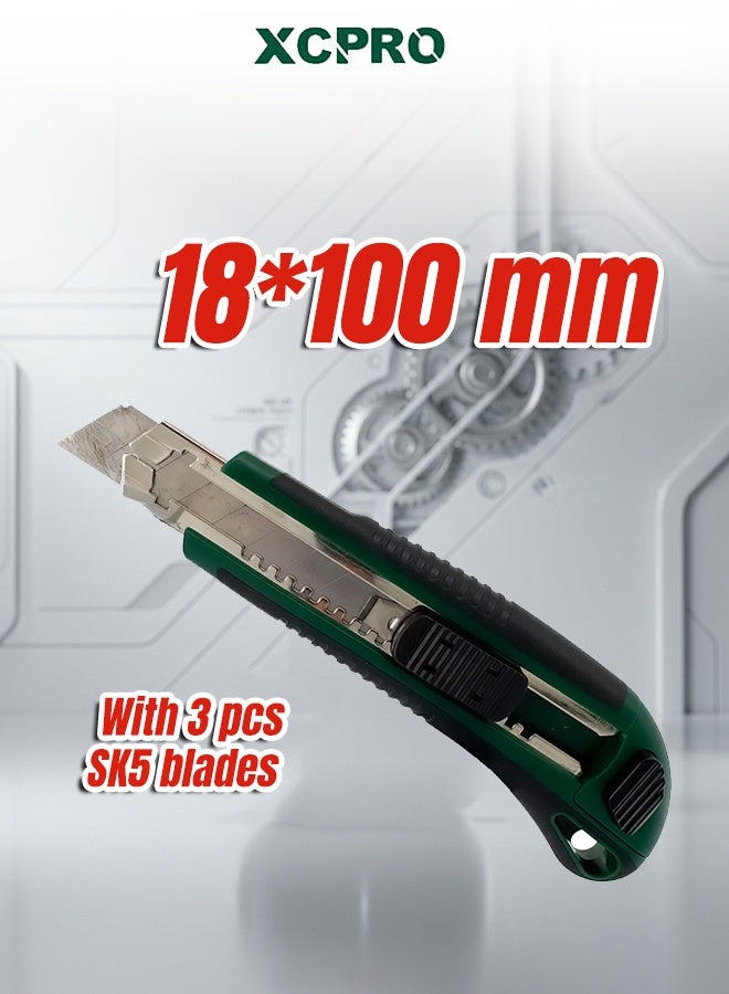 Snap-Off Blade Knife 18mm Utility Cutter with 3 SK5 Blades, Flat Push Button, 172mm Box Cutter for Cardboard, Packaging, DIY and Workshop Use