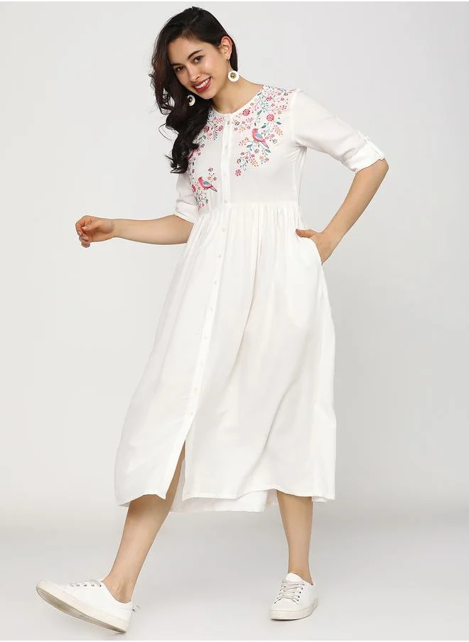 فيشود Vishudh Embroidered Round Neck A-Line Midi Dress with Button Front