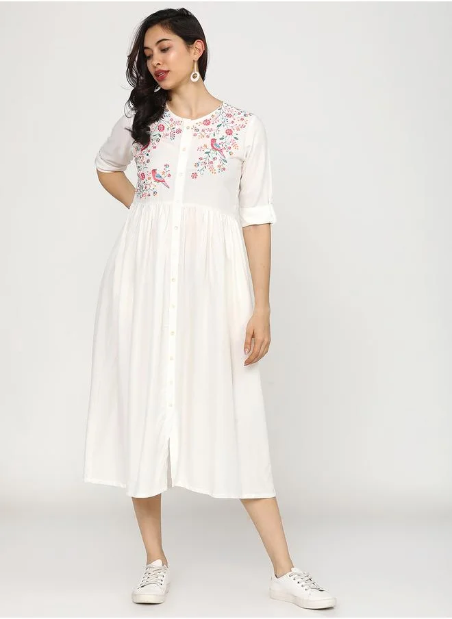 فيشود Vishudh Embroidered Round Neck A-Line Midi Dress with Button Front