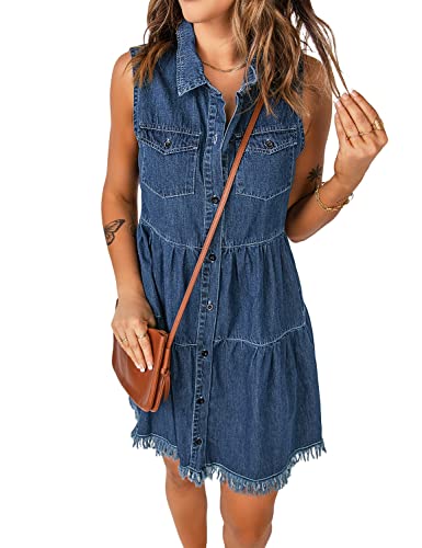 luvamia Women's Turn Down Collar Denim Dress Button Down Frayed Hem Jean Dress Deep Cobalt Blue Size Medium fits Size 8 - Size 10 - Image 1