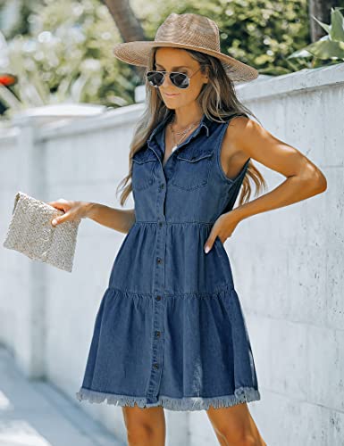 luvamia Women's Turn Down Collar Denim Dress Button Down Frayed Hem Jean Dress Deep Cobalt Blue Size Medium fits Size 8 - Size 10 - Image 3