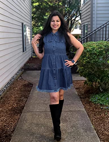 luvamia Women's Turn Down Collar Denim Dress Button Down Frayed Hem Jean Dress Deep Cobalt Blue Size Medium fits Size 8 - Size 10 - Image 5