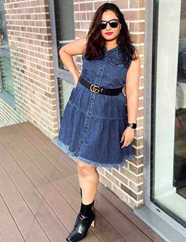 luvamia Women's Turn Down Collar Denim Dress Button Down Frayed Hem Jean Dress Deep Cobalt Blue Size Medium fits Size 8 - Size 10 - Image 4