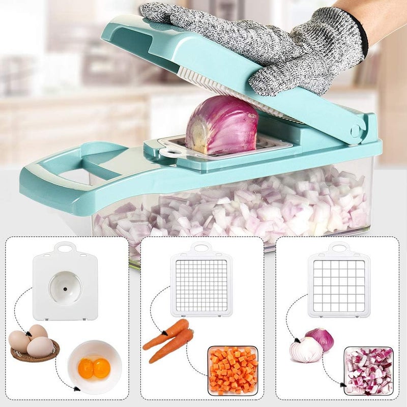 Cambom Vegetable Chopper, Multifunctional Vegetable Cutter Onion Chopper Mandoline Slicer Dicer with Colander Basket and Container 8 Interchangeable Blades - Image 4