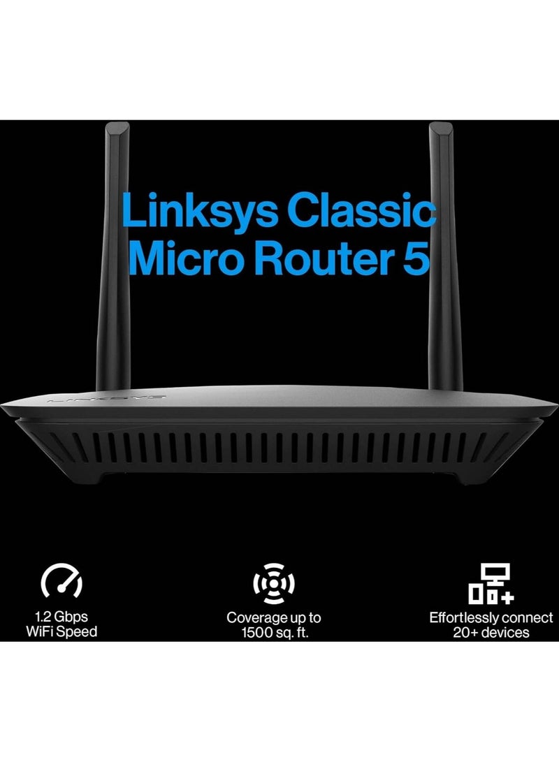 Linksys LN3101 AC1200 Dual Band Wi Fi 5 Router, Up to 1.2Gbps Wi Fi Speed,1,500 Sq. ft Coverage, 20+ Devices, Ultra-low Latency for Lag-free Gaming, Black | LN3101