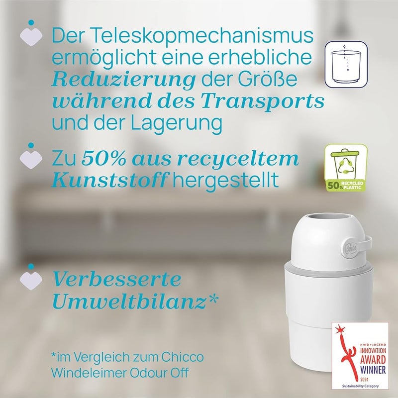 Chicco Telescopic Nappy Bin, Spacious and Practical, Compact Design, Compatible with Chicco Odour Off Bin Liners, Made from 50% Reusable Plastic, White - Image 4