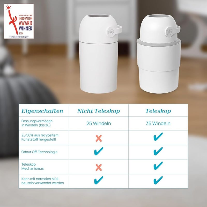 Chicco Telescopic Nappy Bin, Spacious and Practical, Compact Design, Compatible with Chicco Odour Off Bin Liners, Made from 50% Reusable Plastic, White - Image 5
