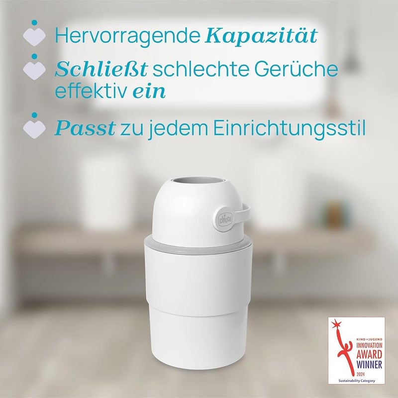 Chicco Telescopic Nappy Bin, Spacious and Practical, Compact Design, Compatible with Chicco Odour Off Bin Liners, Made from 50% Reusable Plastic, White - Image 1