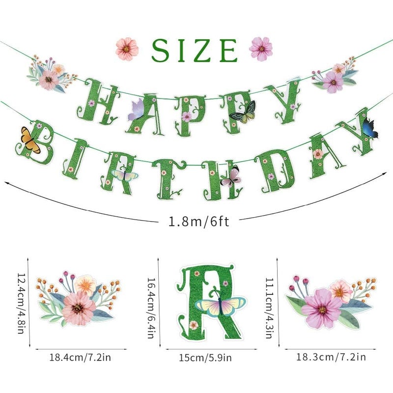 SUNBEAUTY Summer Wildflower Happy Birthday Banner Green Spring Butterfly Flowers Banner Summer Spring Butterfly Birthday Garland Sign Party Decorations Set | Pre-Strung - Image 2
