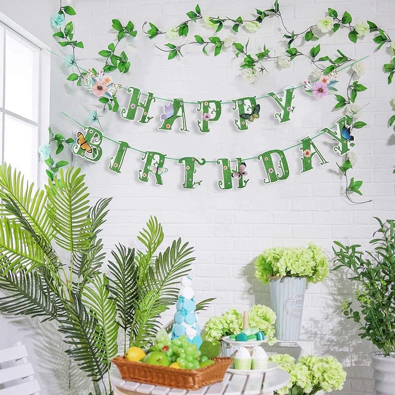 SUNBEAUTY Summer Wildflower Happy Birthday Banner Green Spring Butterfly Flowers Banner Summer Spring Butterfly Birthday Garland Sign Party Decorations Set | Pre-Strung - Image 4