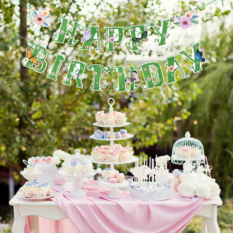 SUNBEAUTY Summer Wildflower Happy Birthday Banner Green Spring Butterfly Flowers Banner Summer Spring Butterfly Birthday Garland Sign Party Decorations Set | Pre-Strung - Image 5
