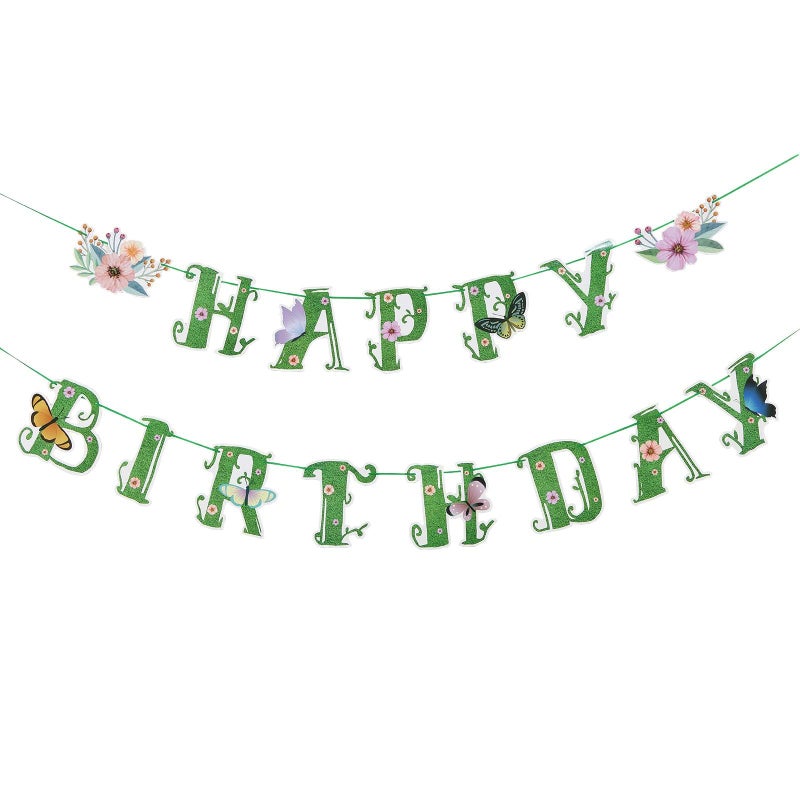 SUNBEAUTY Summer Wildflower Happy Birthday Banner Green Spring Butterfly Flowers Banner Summer Spring Butterfly Birthday Garland Sign Party Decorations Set | Pre-Strung - Image 1