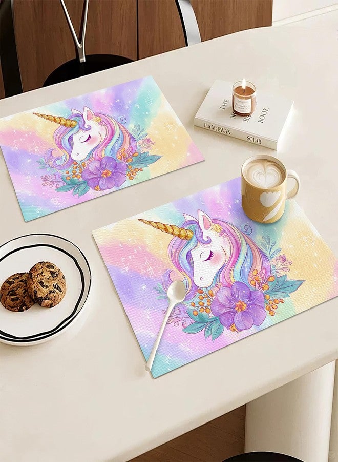 Mecowcm مجموعة مفارش طاولة يونيكورن، 6 قطع، مفارش طاولة ملونة بتصميم يونيكورن، مانعة للانزلاق وقابلة للغسل، مثالية لتزيين الحفلات والمطابخ وغرف الطعام، مقاس 12 × 18 بوصة - Image 4