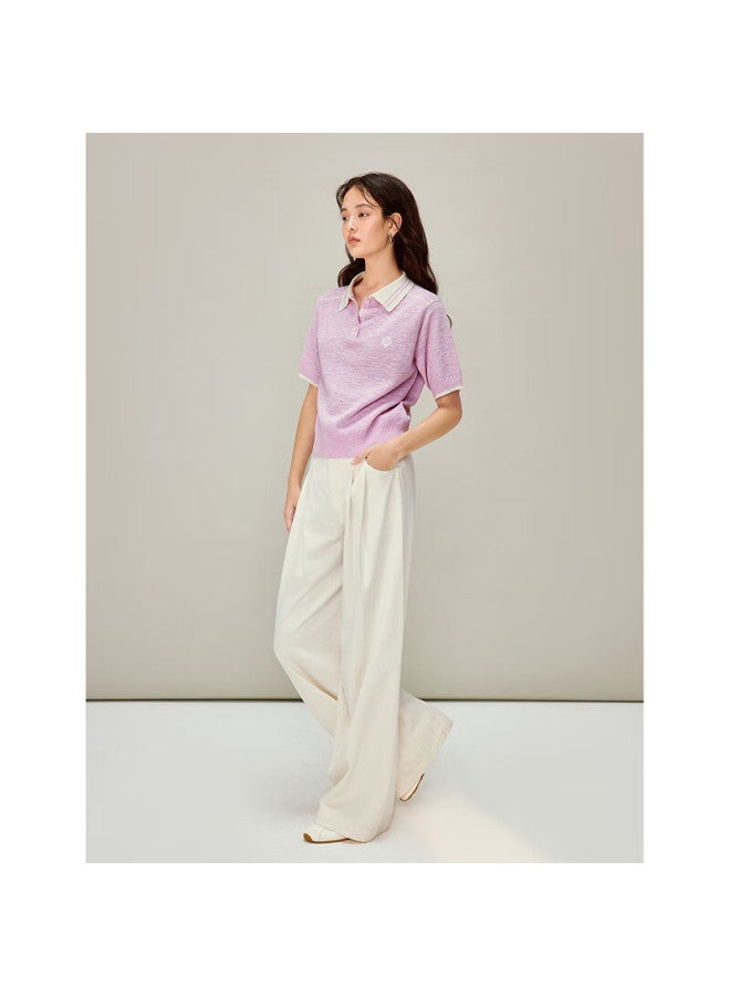 Inman Pink Lapel Shoulder Thin Knit Short Sleeve Pullover Polo Shirt Light Pink S Spring  Women's New - Image 2