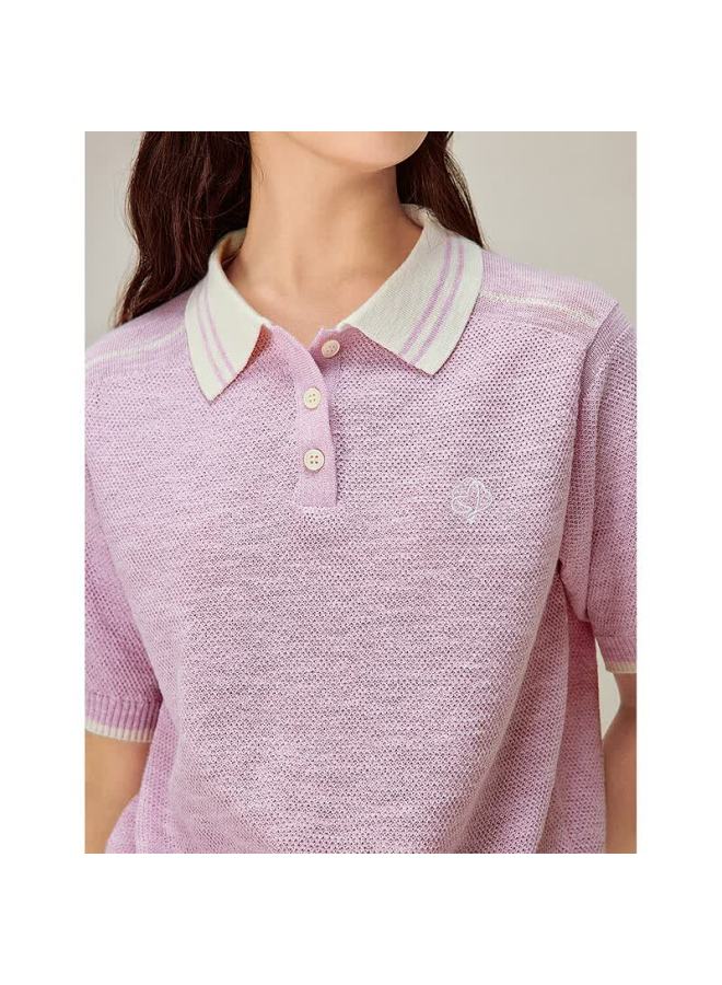 Inman Pink Lapel Shoulder Thin Knit Short Sleeve Pullover Polo Shirt Light Pink S Spring  Women's New - Image 1