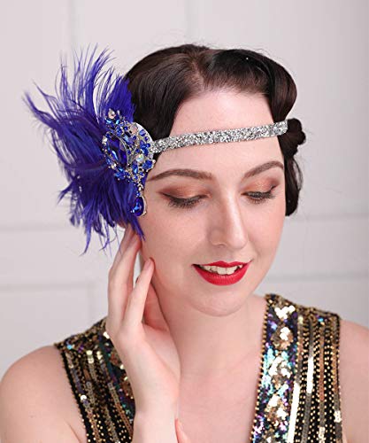 Aimimier 1920s Flapper Feather Headband Royal Blue Sapphire Headpiece with Sparkling Crystal Head Chain Masquerade Hair Accessories for Women - Image 4