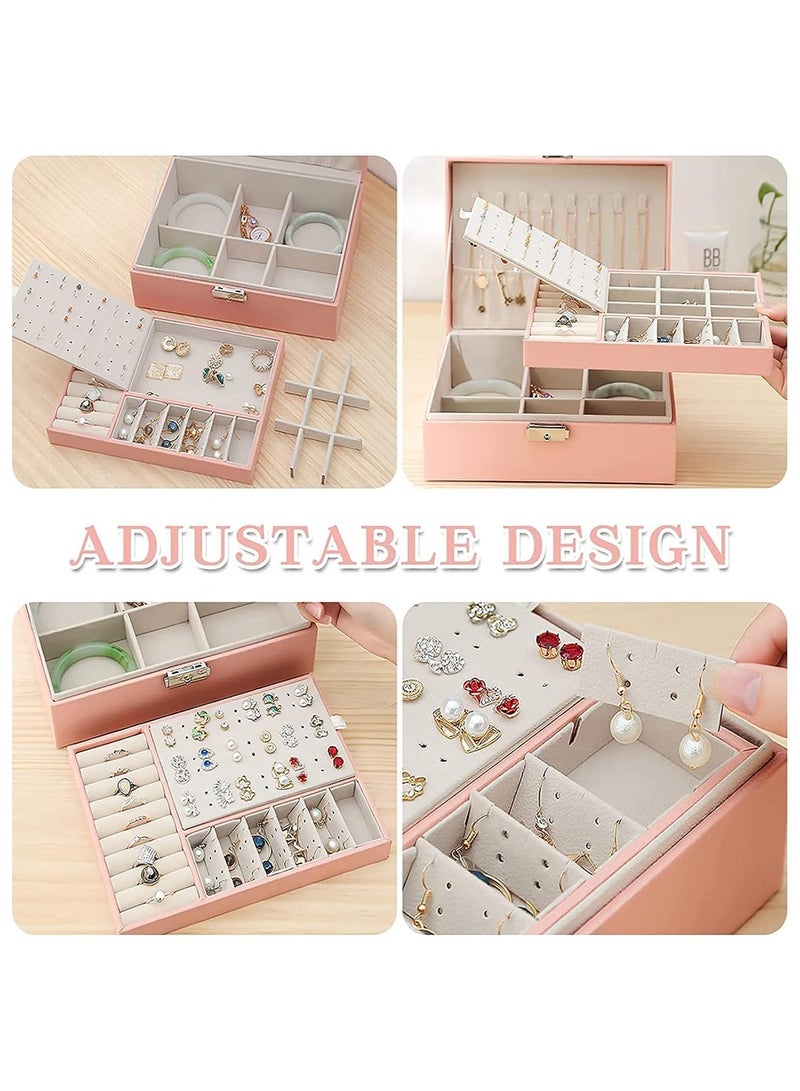 Large Capacity 2-Tier Jewelry Organizer with Lock - Faux Leather, Textured Finish for Rings, Necklaces, Earrings and Accessories  - Image 3