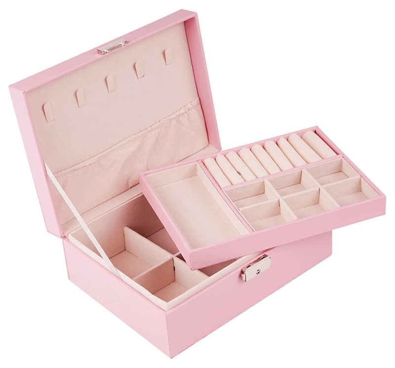 Large Capacity 2-Tier Jewelry Organizer with Lock - Faux Leather, Textured Finish for Rings, Necklaces, Earrings and Accessories - Image 1