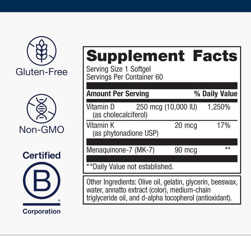 Metagenics Vitamin D3  K  for Immune Support Bone Health  Heart Health  Vitamin D with MK7 Vitamin K2  NonGMO  GlutenFree  60 Softgels  10000 IU - Image 2
