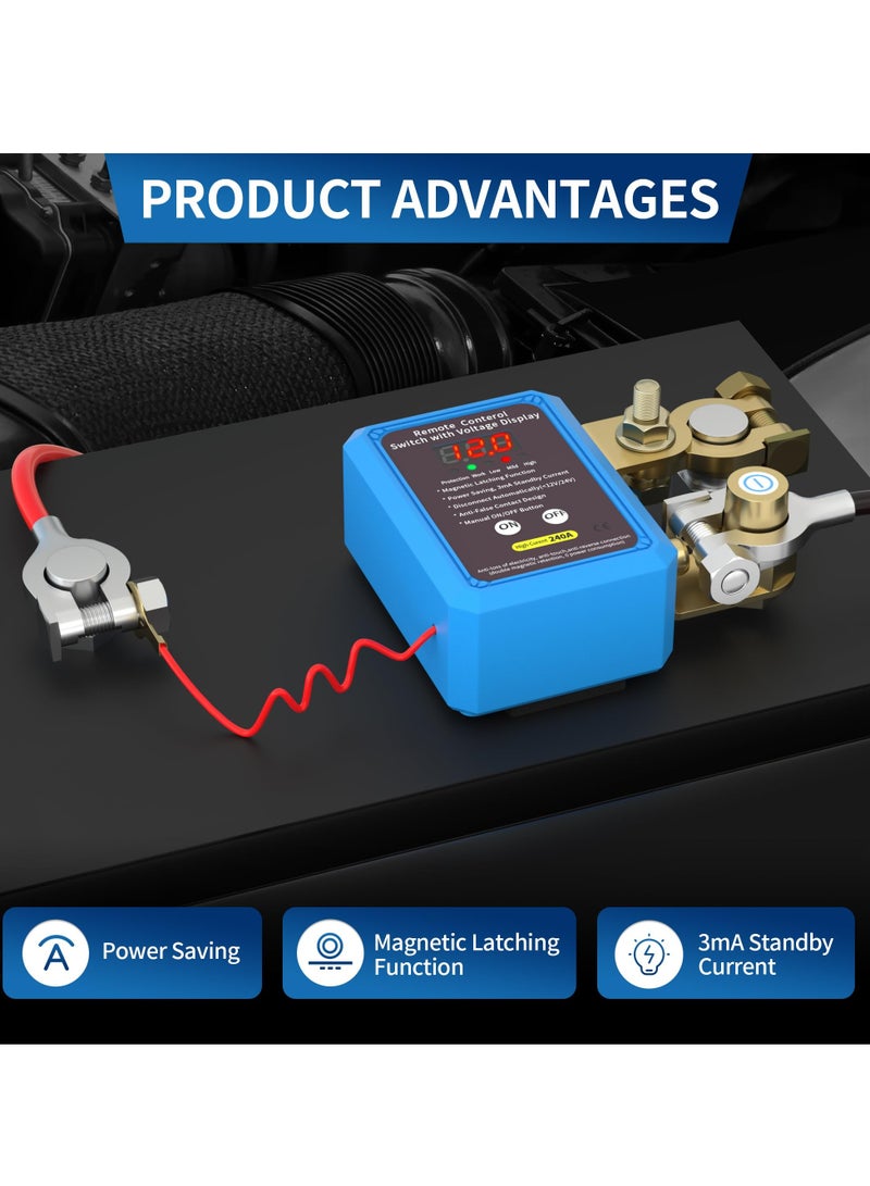 240A 12V Remote Battery Disconnect Switch with LED Voltage Display, Automatic Power Shut-Off Anti-Theft Kill Switch for Car, Truck, Boat - Image 3