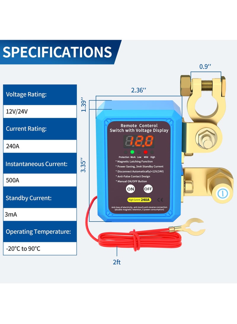 240A 12V Remote Battery Disconnect Switch with LED Voltage Display, Automatic Power Shut-Off Anti-Theft Kill Switch for Car, Truck, Boat - Image 2