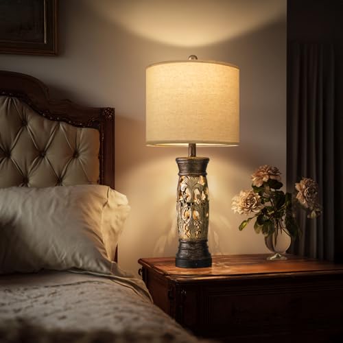 BOBOMOMO 2725 Antique Gold Table Lamps Set of 2 Farmhouse Bedside Lamps with Night Light USB AC Ports Vintage Lamps for Bedroom Living Room Entryway Nursery Reading NookBulbs Included - Image 3