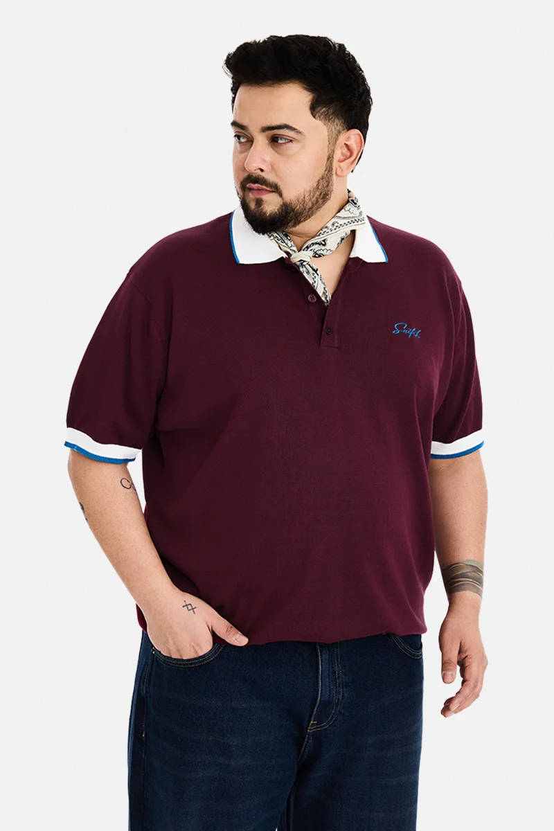 SNITCH Wine Solid Half Sleeve Regular Fit Plus Size T-Shirt