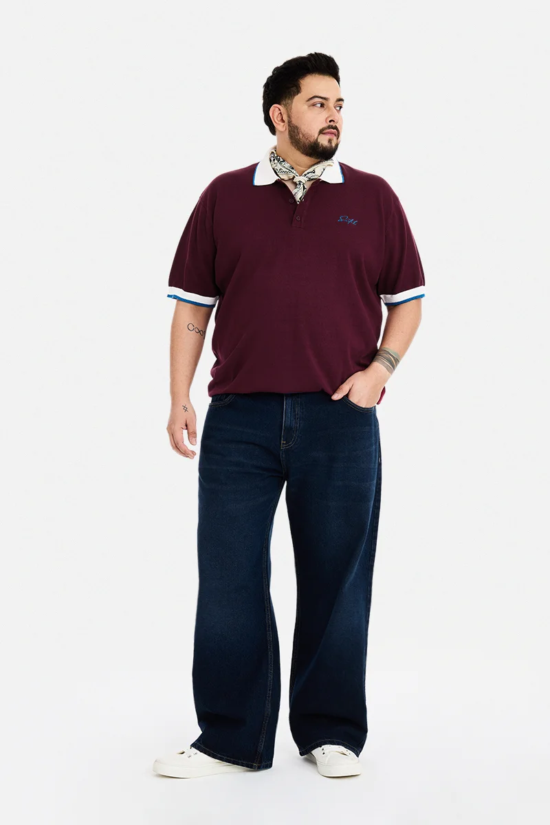 SNITCH Wine Solid Half Sleeve Regular Fit Plus Size T-Shirt