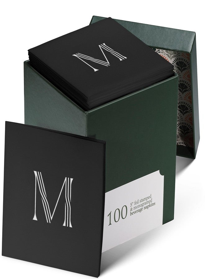 BloominGoods 100 Pack Disposable Monogrammed Cocktail Napkins Black, 5"x5" Linen-Feel Silver Foil Letter M Paper Napkins, Initial White Beverage Napkins For Wedding, Party, Bar Or Holiday - Image 1