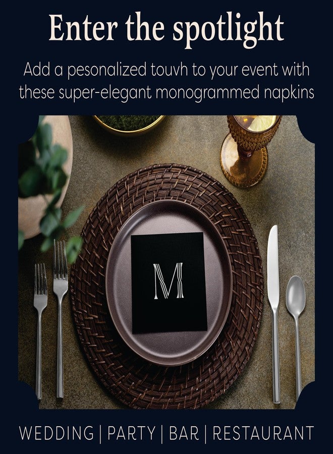 BloominGoods 100 Pack Disposable Monogrammed Cocktail Napkins Black, 5"x5" Linen-Feel Silver Foil Letter M Paper Napkins, Initial White Beverage Napkins For Wedding, Party, Bar Or Holiday - Image 2