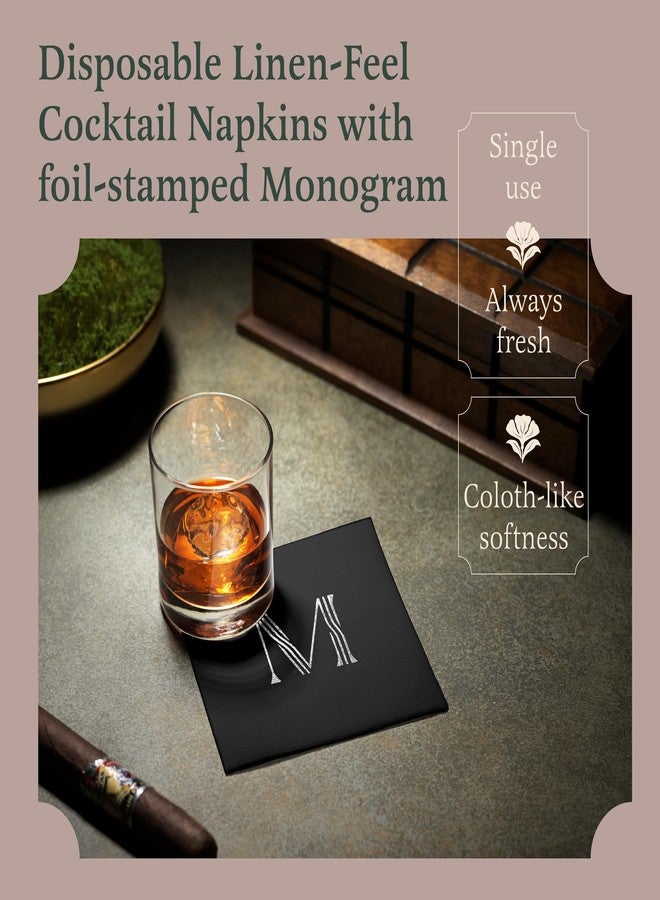 BloominGoods 100 Pack Disposable Monogrammed Cocktail Napkins Black, 5"x5" Linen-Feel Silver Foil Letter M Paper Napkins, Initial White Beverage Napkins For Wedding, Party, Bar Or Holiday - Image 5