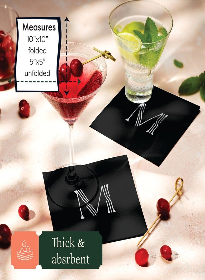 BloominGoods 100 Pack Disposable Monogrammed Cocktail Napkins Black, 5"x5" Linen-Feel Silver Foil Letter M Paper Napkins, Initial White Beverage Napkins For Wedding, Party, Bar Or Holiday - Image 3