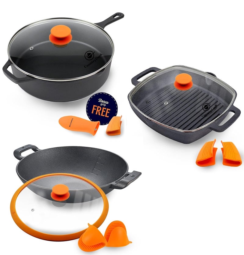 CountryCook CountryCook PreSeasoned Cast Iron 26cms Kadai Grill Pan 30cms Deep Dish Combo with Glass Lid Induction Friendly NonToxic Enamel Free Cookware  - Image 1