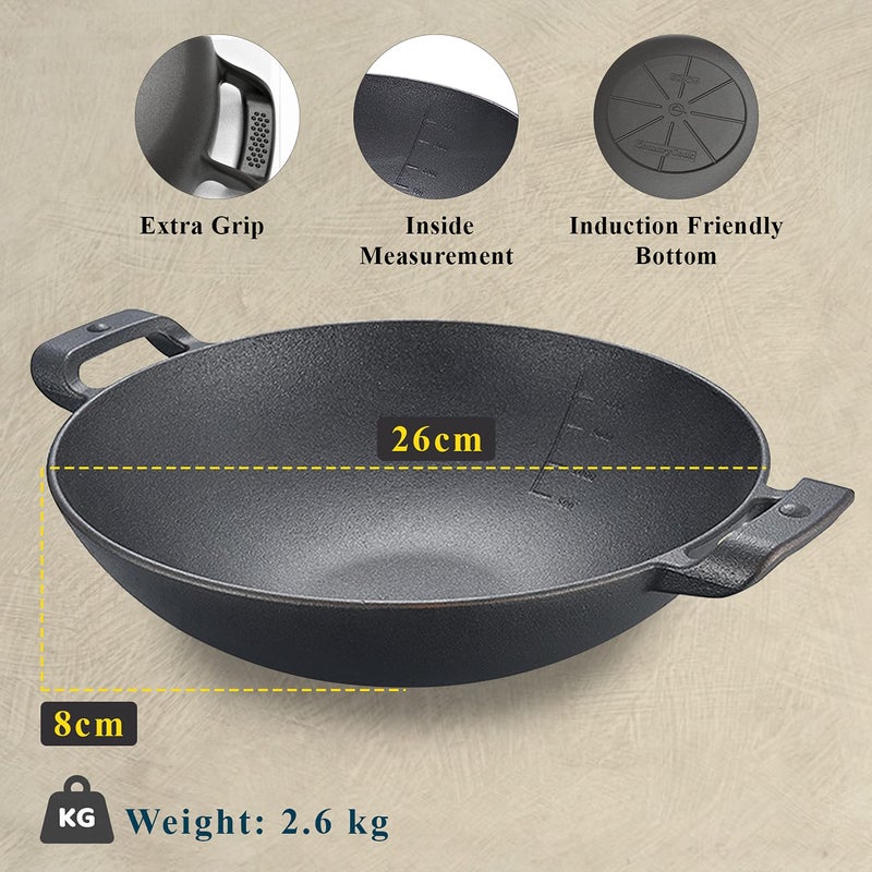 CountryCook CountryCook PreSeasoned Cast Iron 26cms Kadai Grill Pan 30cms Deep Dish Combo with Glass Lid Induction Friendly NonToxic Enamel Free Cookware  - Image 4