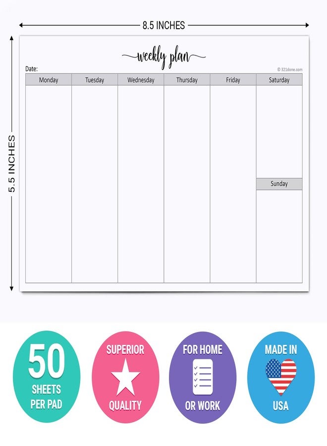 321Done Weekly Planning Notepad Landscape - 50 Sheets (8.5" x 5.5") - Horizontal Weekly Days of Week Paper Note Pad, Planner Organizing - Made in USA - Simple Script - Image 2