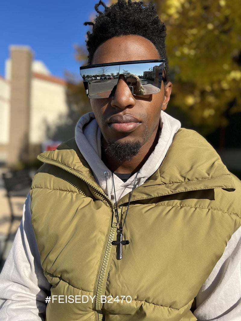 FEISEDY FEISEDY Oversized Sunglasses Mens Womens Flat Top Square Trendy Visor Shades UV400 B2470  - Image 3