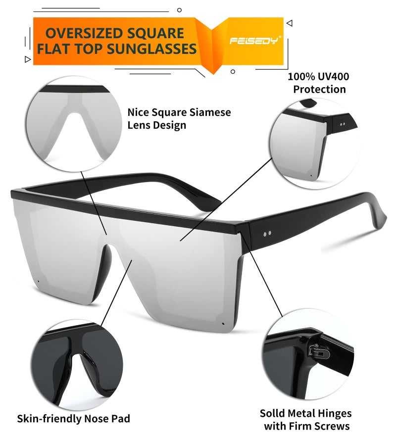 FEISEDY FEISEDY Oversized Sunglasses Mens Womens Flat Top Square Trendy Visor Shades UV400 B2470  - Image 2