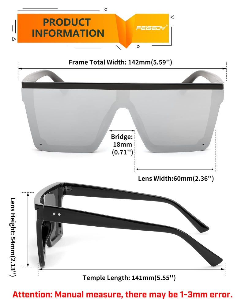 FEISEDY FEISEDY Oversized Sunglasses Mens Womens Flat Top Square Trendy Visor Shades UV400 B2470  - Image 5