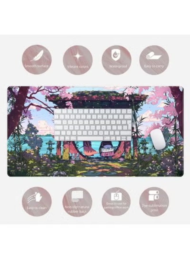 وسادة ماوس كبيرة للألعاب باللون الوردي الياباني على شكل أنمي، مناسبة لمكتب الكمبيوتر واللاب توب وديكور المكتب للنساء، وسادة ماوس ولوحة مفاتيح أنمي بحواف مخيطة ومضادة للانزلاق من المطاط، وسادة مكتب (70×30 سم) - Image 3