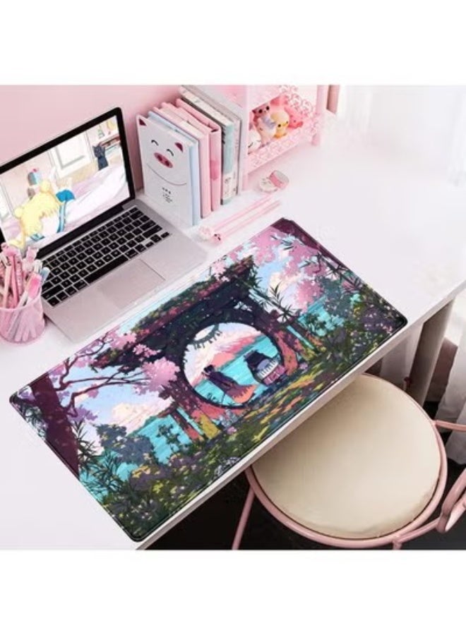 وسادة ماوس كبيرة للألعاب باللون الوردي الياباني على شكل أنمي، مناسبة لمكتب الكمبيوتر واللاب توب وديكور المكتب للنساء، وسادة ماوس ولوحة مفاتيح أنمي بحواف مخيطة ومضادة للانزلاق من المطاط، وسادة مكتب (70×30 سم) - Image 4