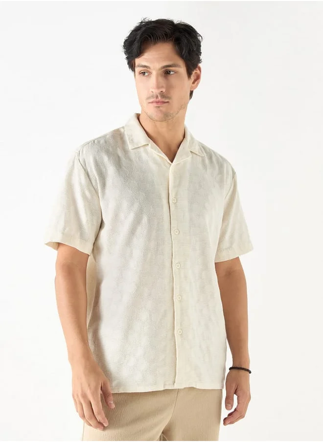 Iconic Iconic Regular Fit Textured Shirt with Camp Collar and Short Sleeves