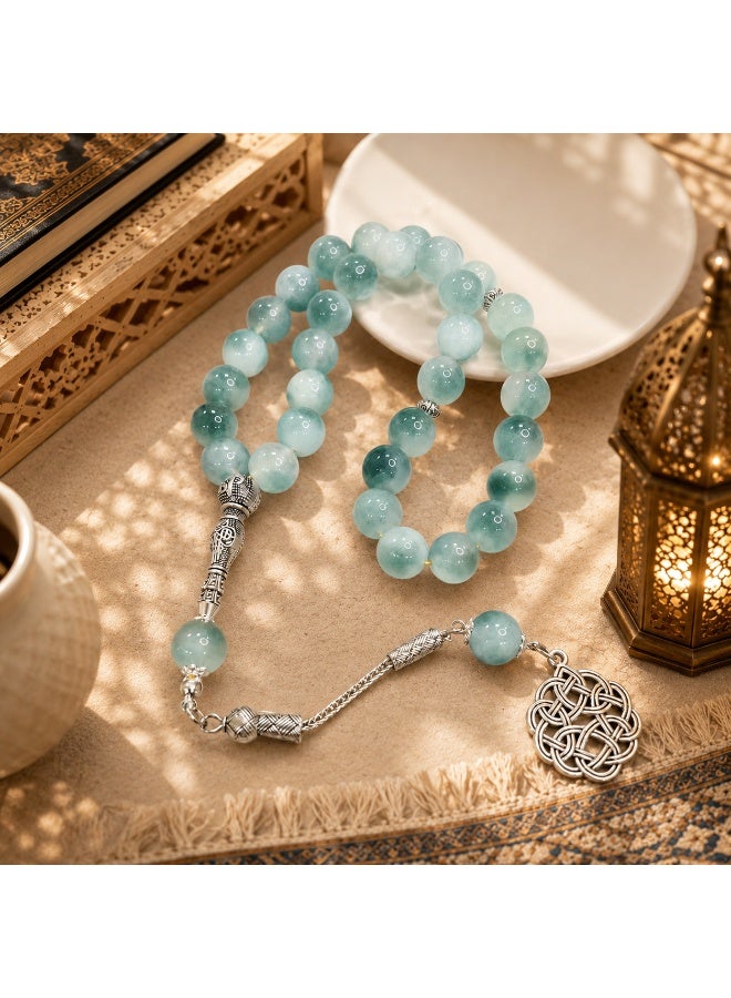 VEYRA 33-Bead Natural Blue Pattern Stone Tasbih, 12mm Islamic Prayer Beads with Vintage Silver Details - Image 4