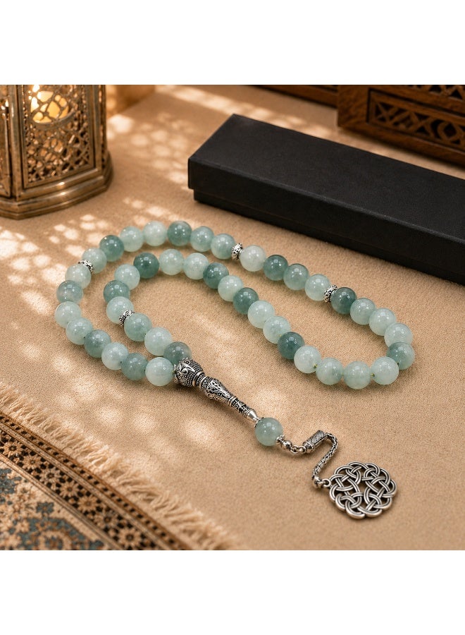 VEYRA 33-Bead Natural Blue Pattern Stone Tasbih, 12mm Islamic Prayer Beads with Vintage Silver Details - Image 3