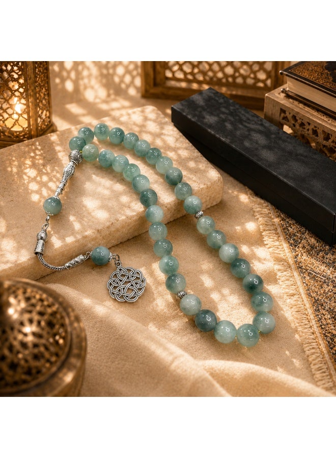 VEYRA 33-Bead Natural Blue Pattern Stone Tasbih, 12mm Islamic Prayer Beads with Vintage Silver Details - Image 5