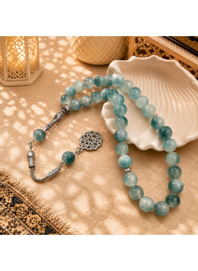 VEYRA 33-Bead Natural Blue Pattern Stone Tasbih, 12mm Islamic Prayer Beads with Vintage Silver Details - Image 2