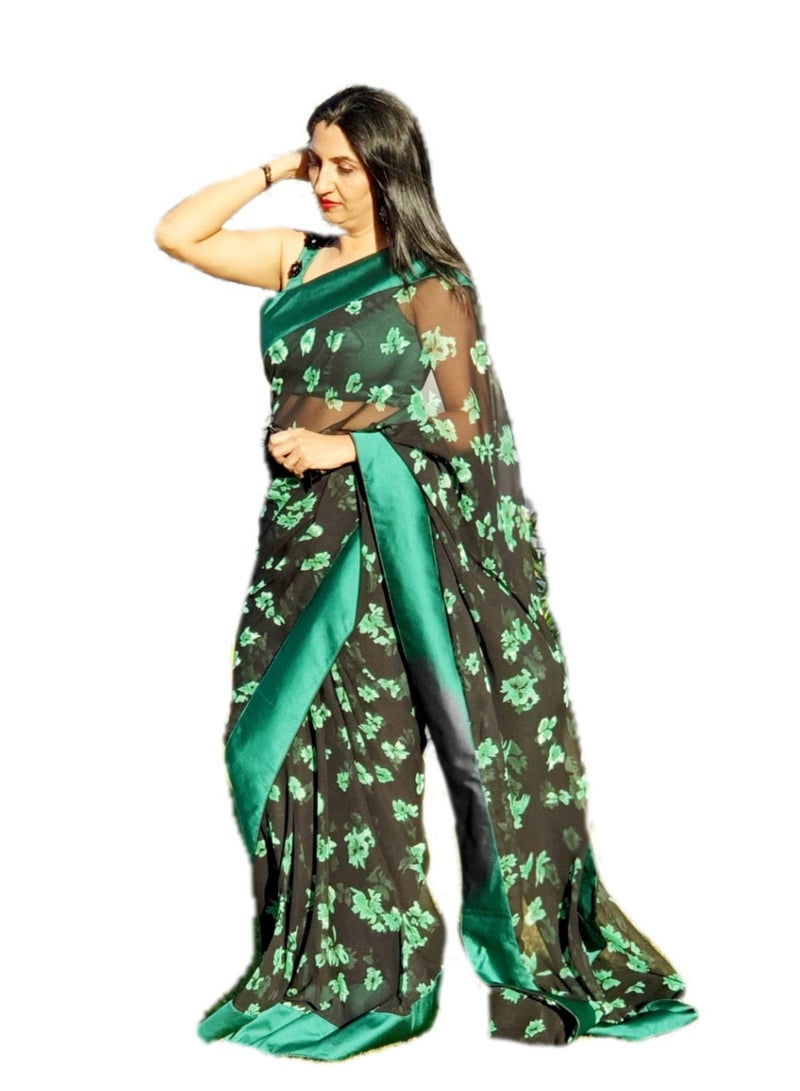 Grab Mantra Green Saree With Floral Print On A Dark Background Flower Print Saree With Green 5 Inch Border Na Unstitched Green Satin Silk Blouse  - Image 1