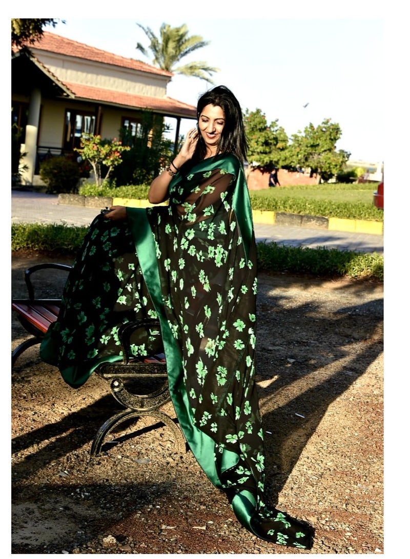 Grab Mantra Green Saree With Floral Print On A Dark Background Flower Print Saree With Green 5 Inch Border Na Unstitched Green Satin Silk Blouse  - Image 4